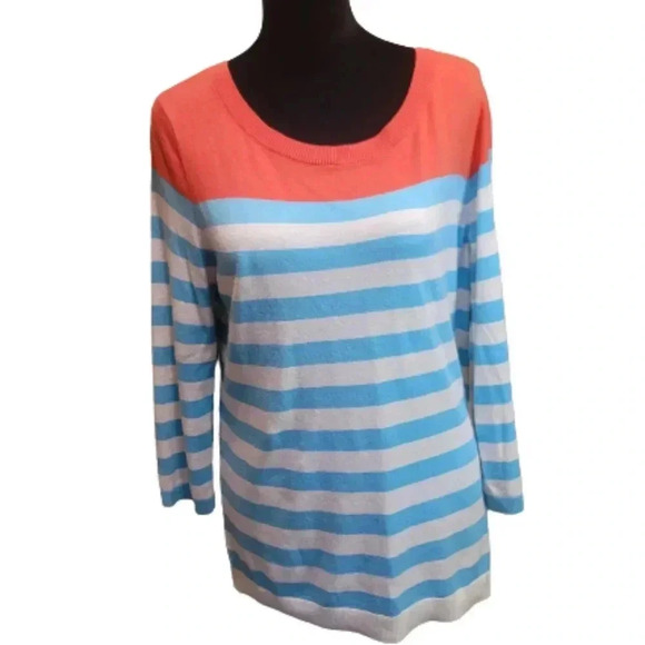 Talbott Petite Striped Sweater with button back. Coral/Blue/White - Picture 1 of 7